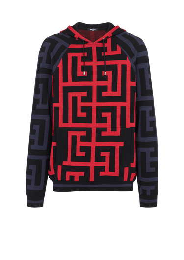 Hooded wool sweatshirt with maxi Balmain monogram print